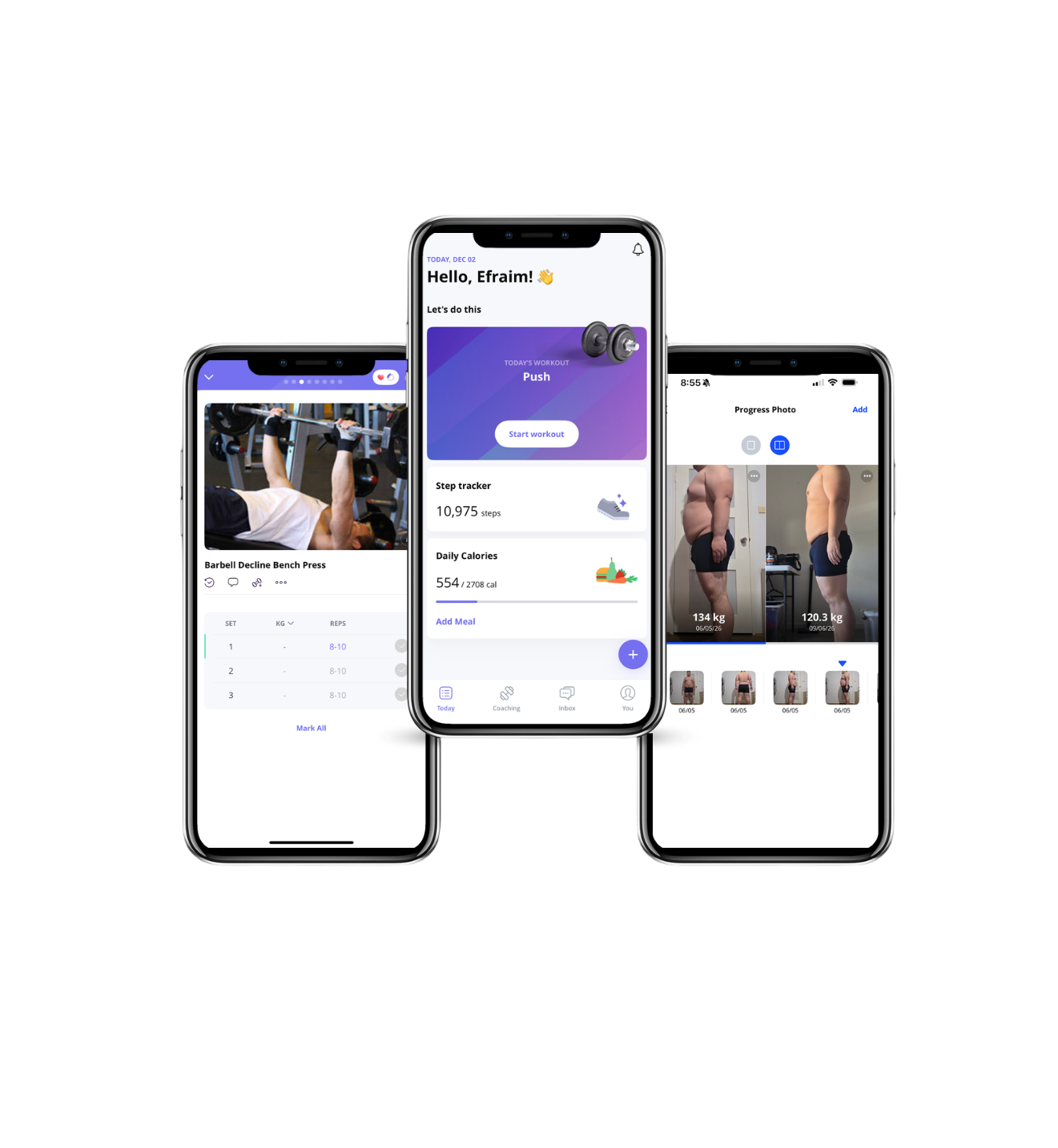 Coaching app preview showing workouts, meal tracking, and progress photos